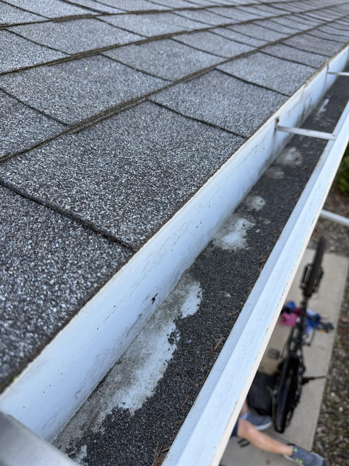 Asphalt shingle granules accumulated in a gutter showing granule loss from hail damage and shingle wear