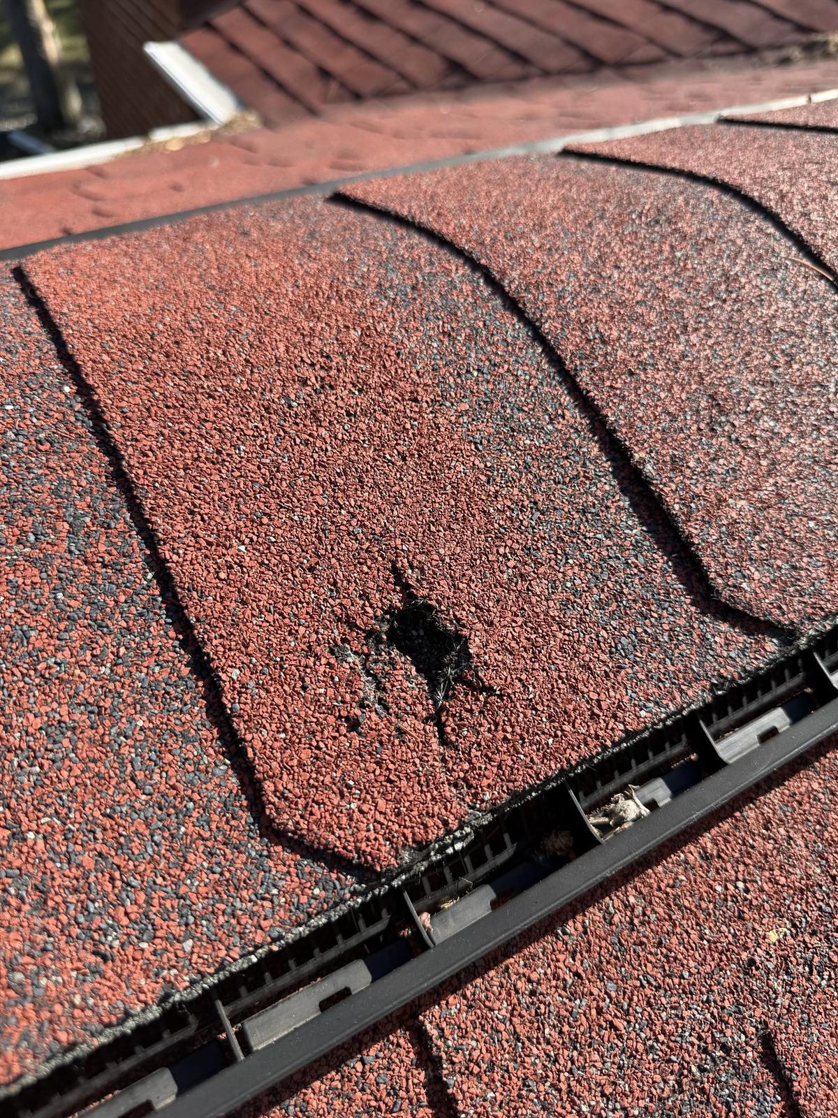 Close-up of hail damage on a red asphalt shingle showing granule loss and exposed black mat from a hail impact